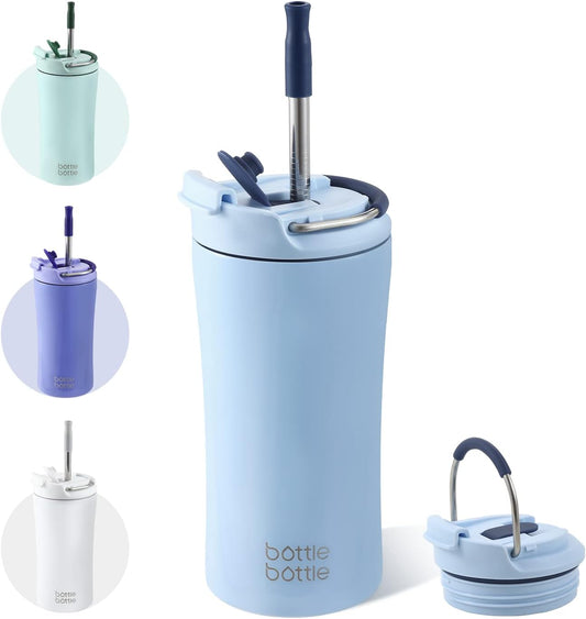 BOTTLE BOTTLE Coffee Tumbler with Dual-use Lid and Straw Double Walled Iced Travel Coffee Mug for Woman and Man 12 oz Stainless Steel Insulated Tumbler with Handle (blue)