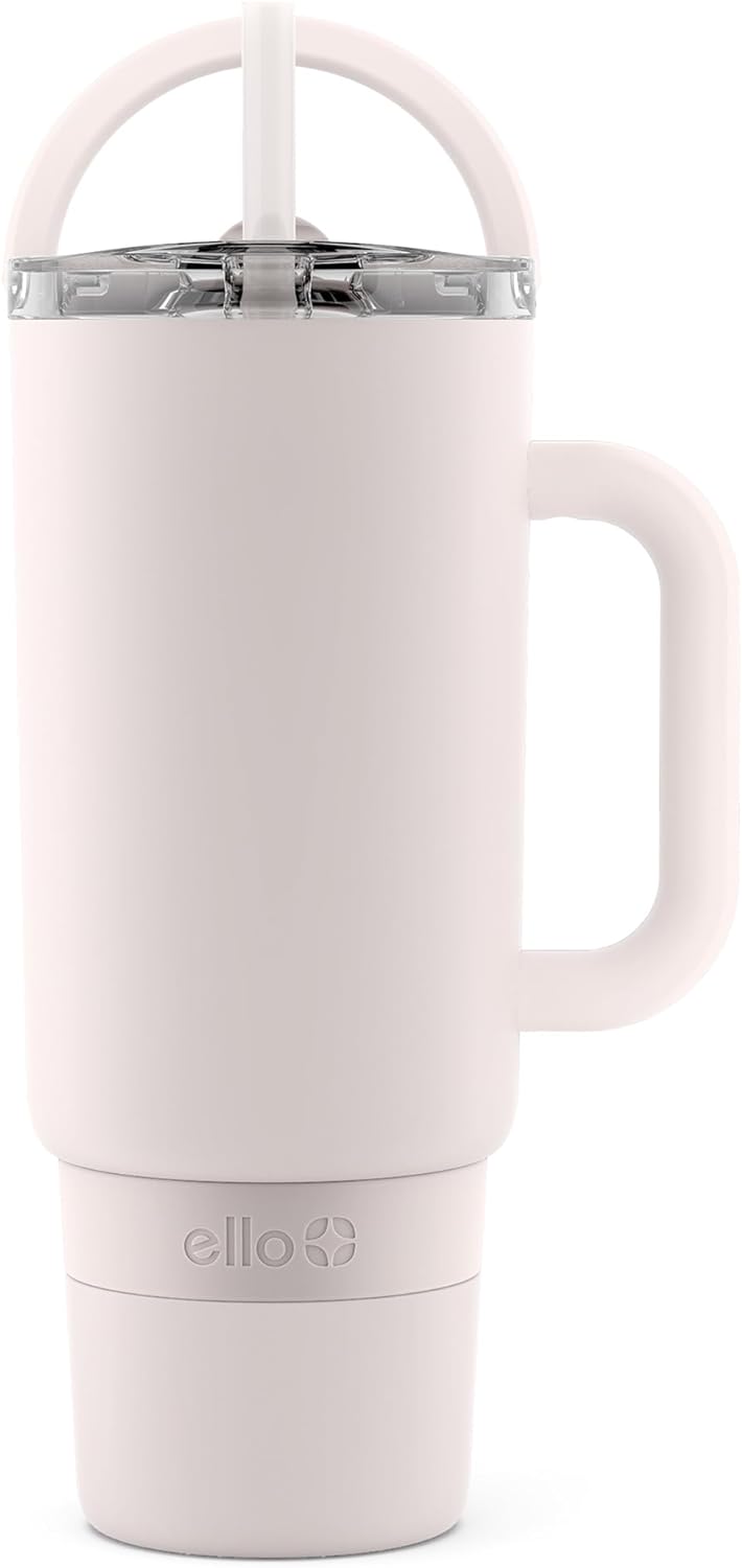 Ello Port 40oz Tumbler with Carry Loop & Integrated Handle, Vacuum Insulated Stainless Steel Reusable Water Bottle, Travel Mug with Leak Proof Lid & Straw, Perfect for Iced Coffee & Tea, White