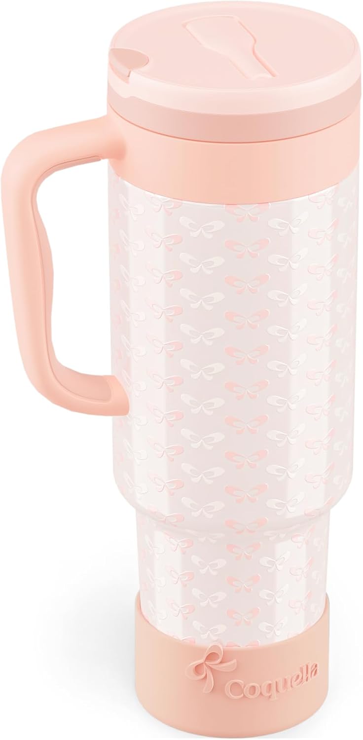 40 oz Insulated Tumbler with Handle and Push-Button Straw Lid, Stainless Steel Travel Cup for Gym Office, Leakproof, BPA-Free, Cup Holder Friendly, Bow Silicone Boot, Purple (Light Lilac)