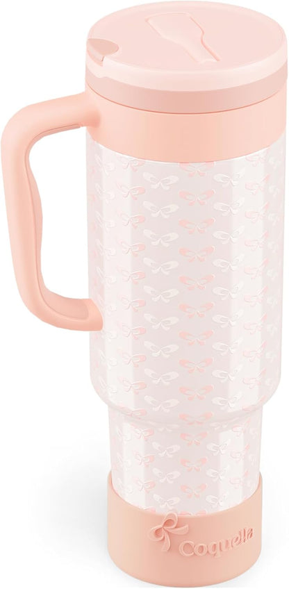 40 oz Insulated Tumbler with Handle and Push-Button Straw Lid, Stainless Steel Travel Cup for Gym Office, Leakproof, BPA-Free, Cup Holder Friendly, Bow Silicone Boot, Purple (Light Lilac)