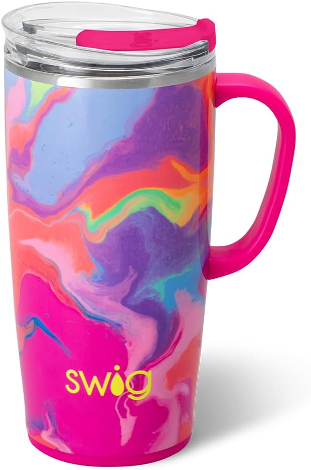 Swig Life 18oz Travel Mug, Insulated Tumbler with Handle and Lid, Cup Holder Friendly, Dishwasher Safe, Stainless Steel, Travel Coffee Cup (Honey Meadow)