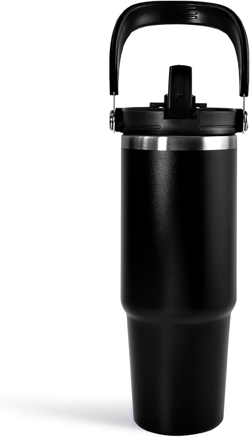 30 oz Tumbler with Handle and Straw Lid, Double Walled Vacuum Insulated Water Bottle Leakproof Tumbler Travel Coffee Mug Thermal Cup, Cupholder Friendly for Office, Home, Sport, Pink