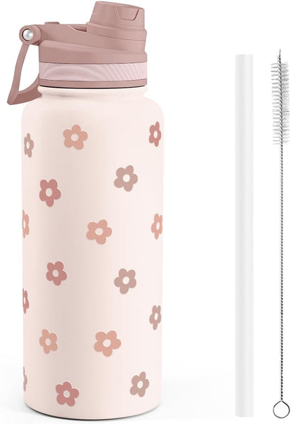 SANDJEST Pickleball Stainless Steel Water Bottle with Strap 32oz, Insulated Bottles with Straw and Spout Lid for Gym Sports Travel Outdoor, Gifts for Women Girls Birthday Christmas