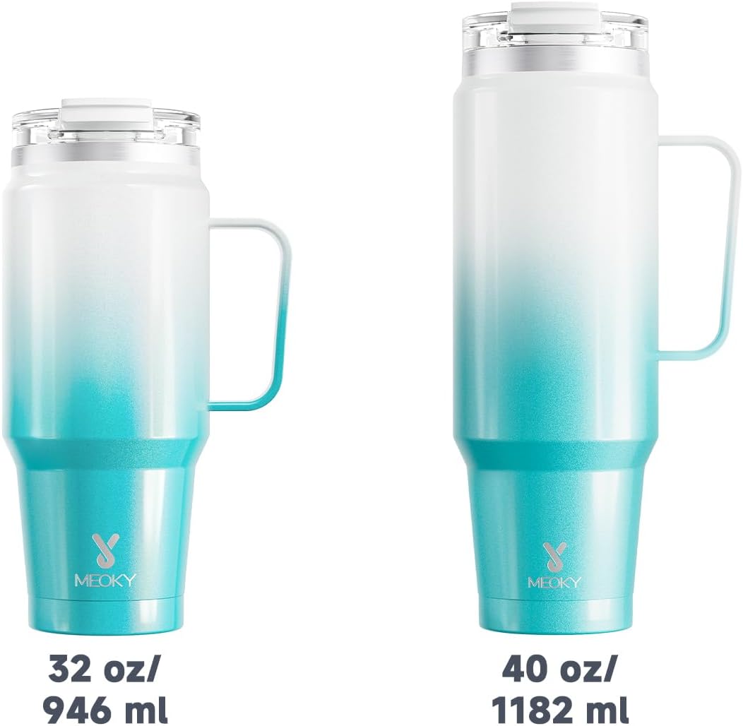 Meoky 32oz Tumbler with Handle, Stainless Steel Travel Mug with 2-in-1 Straw and Sip Lid, Vacuum Insulated Coffee Mug, 100% Leak Proof, Keeps Cold for 24 Hours or Hot for 8 Hours (Sky)