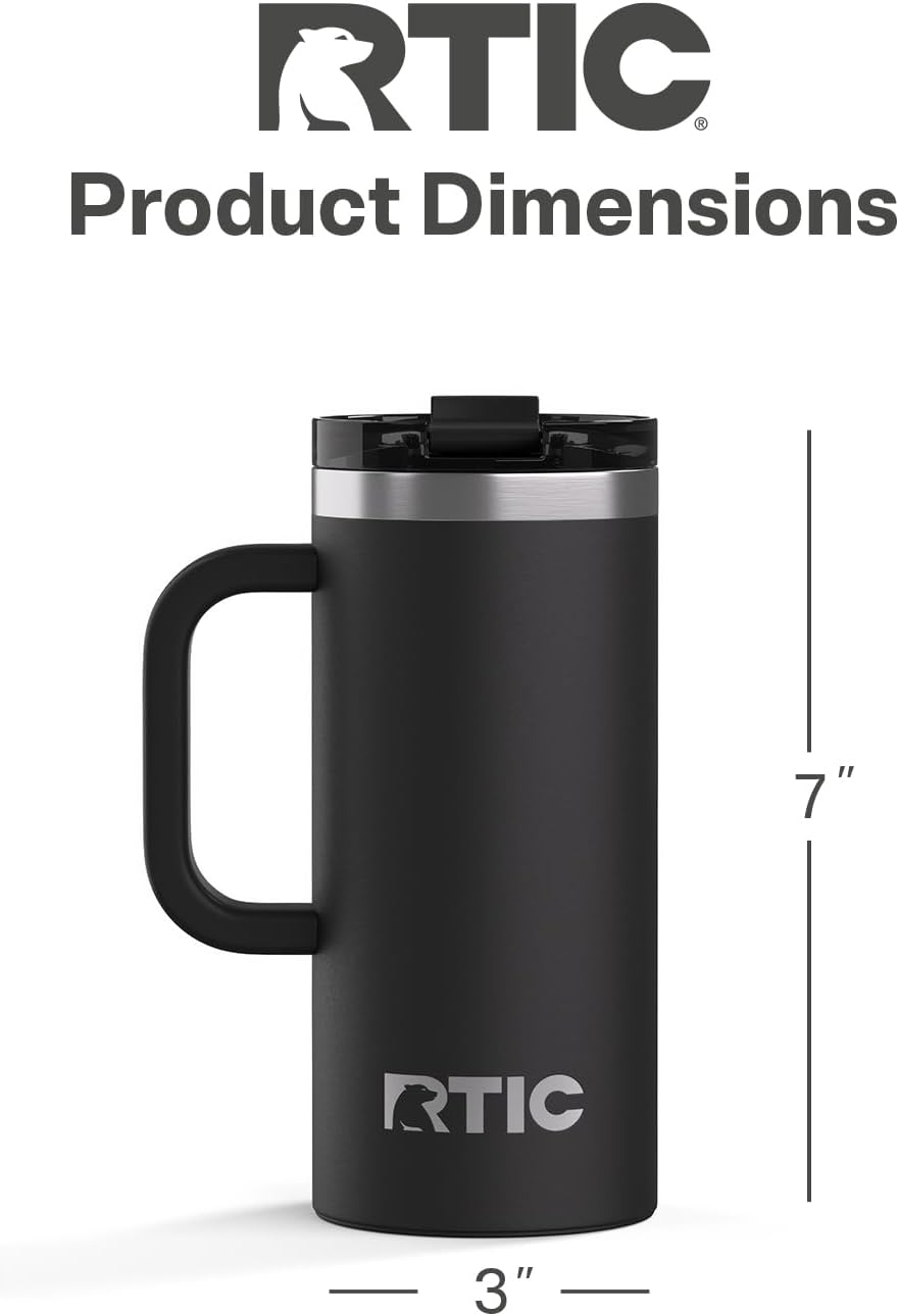RTIC 20oz Road Trip Travel Mug with Lid and Handle, Ceramic Lined, Insulated, Stainless Steel, Metal, Double Wall Vacuum-Insulation, Portable Coffee, Tea Cup for Hot and Cold Drink, Black
