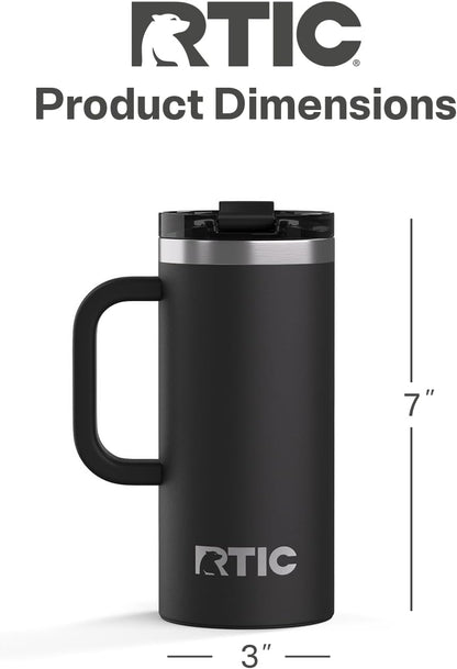 RTIC 20oz Road Trip Travel Mug with Lid and Handle, Ceramic Lined, Insulated, Stainless Steel, Metal, Double Wall Vacuum-Insulation, Portable Coffee, Tea Cup for Hot and Cold Drink, Black