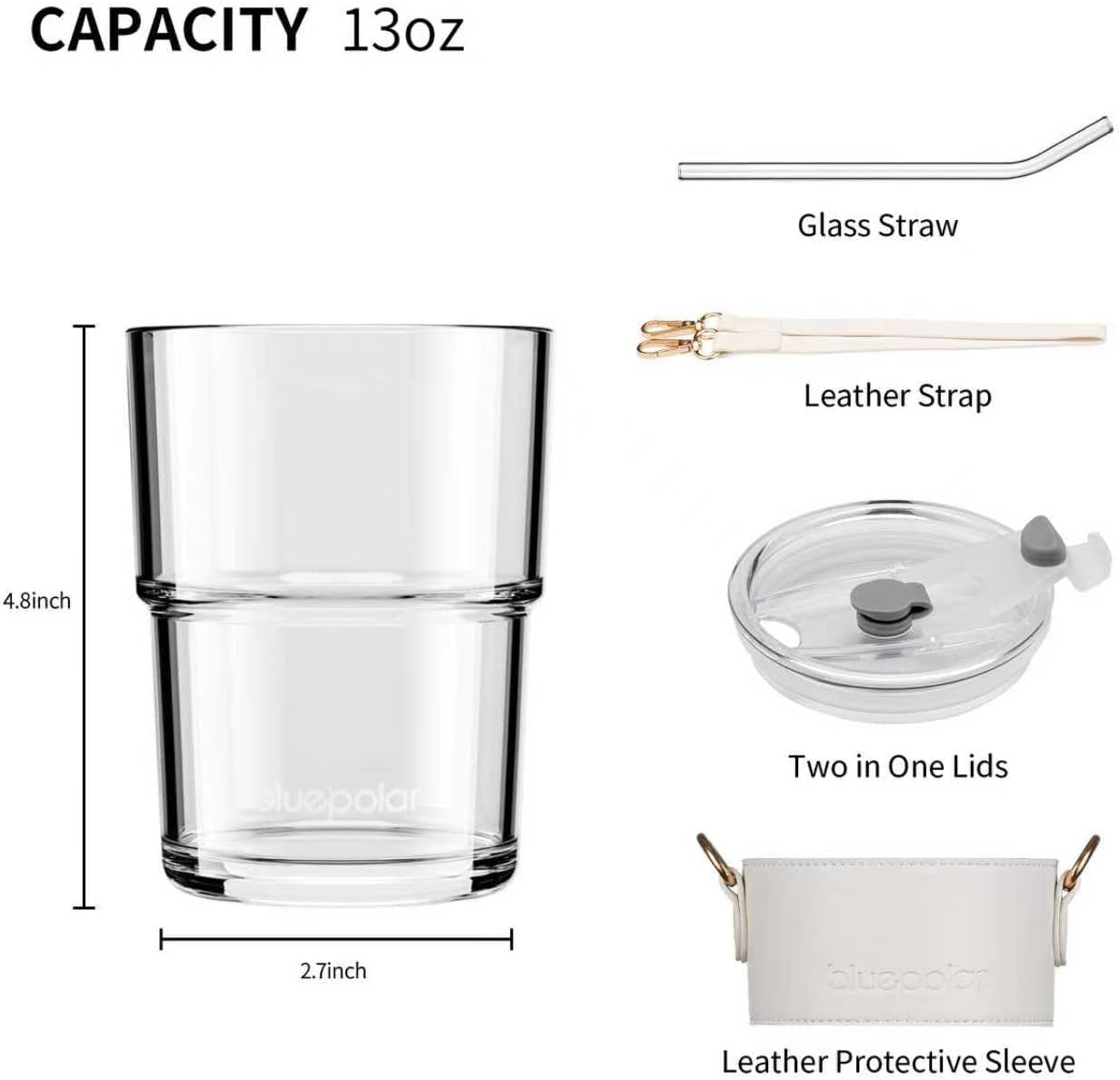 BLUEPOLAR 13oz/400ml Glass Water Tumbler with Straw and Lid Sealed Carry On Thick Wall Iced Coffee Cup Glass Cup for Water, Iced Tea Fruit Juice Etc (White-2Pack)