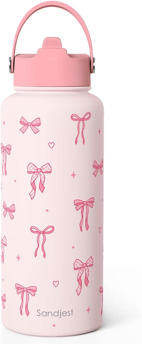 SANDJEST Pickleball Gift for Women, Water Bottle Stainless Steel 32oz with Lid & Straw, Sport Insulated Bottles Gifts for Girls Friends Teens Birthday Christmas
