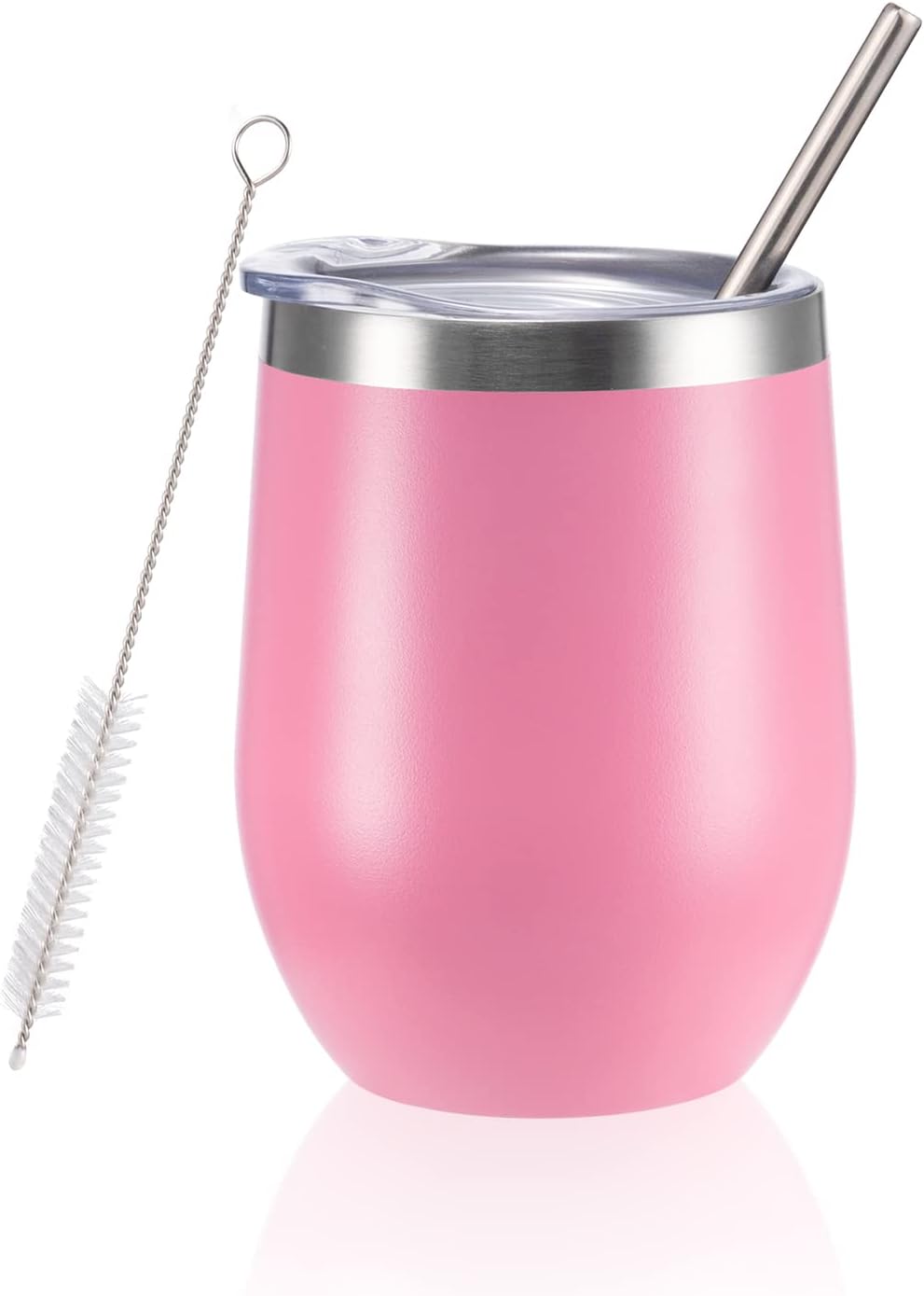 12 oz Insulated Wine Tumbler with Lid and Straw,Stainless Steel Stemless Wine Tumbler Glasses Double Wall Vacuum Wine Cups Tumbler for Coffee,Champaign,Cocktail,Office（Silver,1）