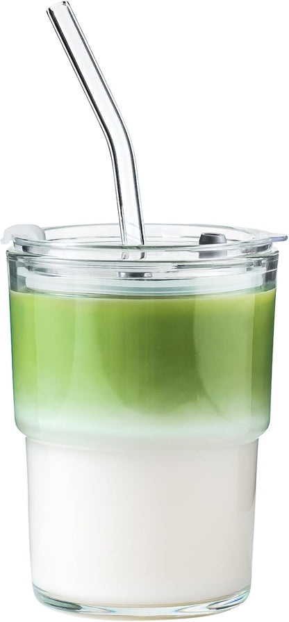 Olvini 13oz Glass Tumbler with Straw and Lid, Reusable Iced Coffee Cup Tumbler, Cute Glass Cups for Water, Matcha, Travel Coffee Mugs (Daisy)