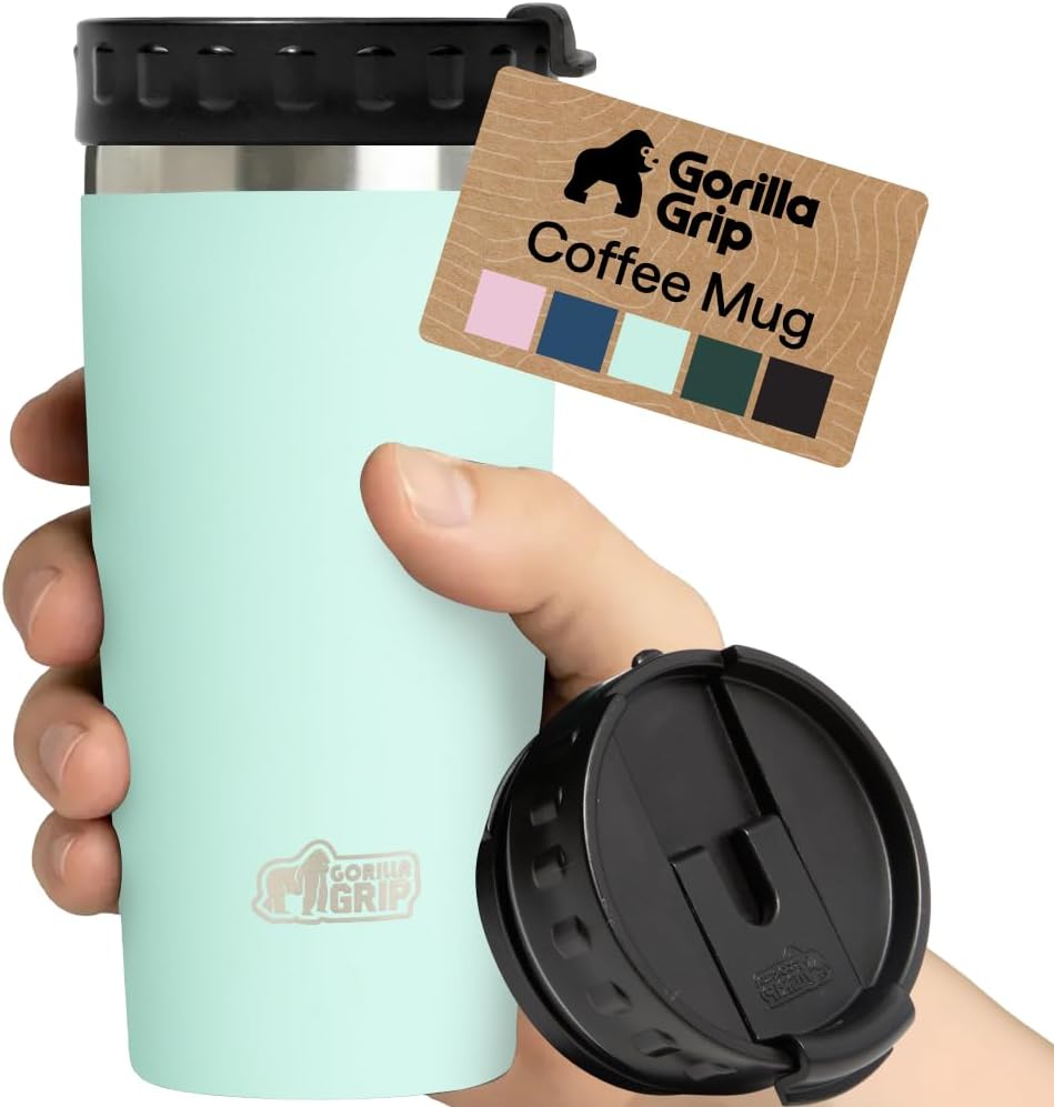 GORILLA GRIP 304 Stainless Steel Double Insulated Travel Coffee Mug, Leakproof Lid with Smooth Sip Top, Prevent Spills, Dent & Rust Resistant Reusable Tumbler Cup, Thermal Mugs for Drinks, 20oz, Black