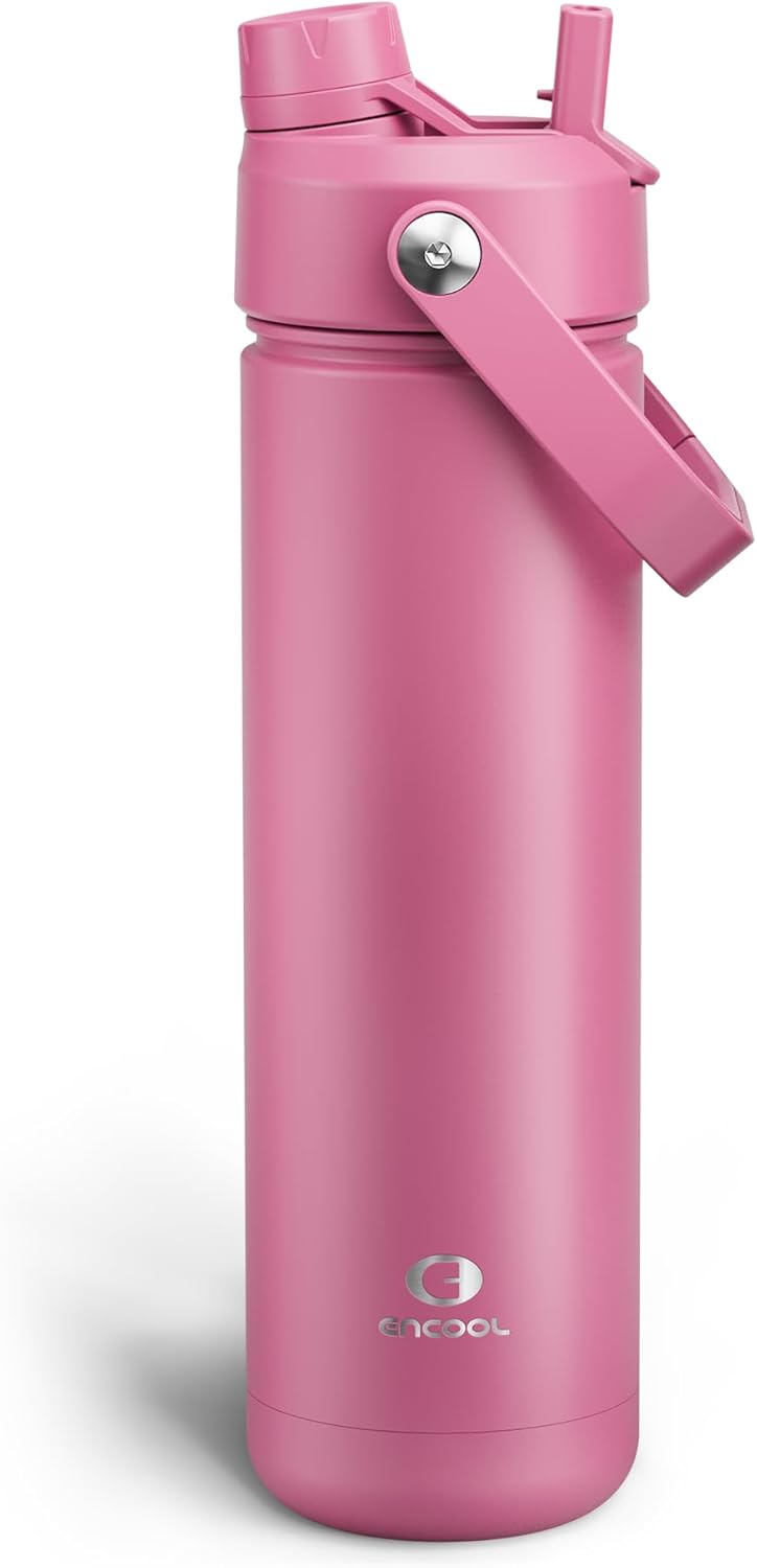 ENCOOL Insulated Water Bottle with Straw Stainless Steel Water Bottle, Leak-Proof, BPA-Free, Double Wall Vacuum Keeps Cold for 24 Hours for Sports, Travel, School (26 oz, Cotton Candy) - Colors C