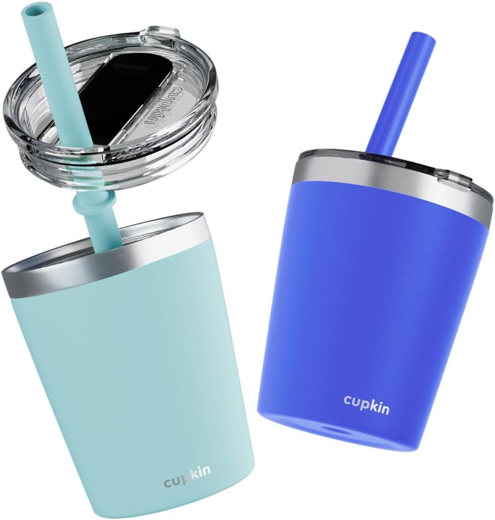 CUPKIN Stainless Steel Insulated Tumbler with Lid and Straw, 20 oz Stainless Steel Cups, Set of 2 Travel Coffee Mug for Adults, Iced Coffee Cup with Lid, Tumbler for Travel (Coral + Yellow)