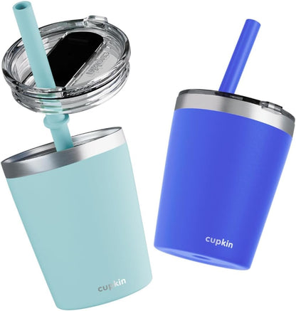 CUPKIN Stainless Steel Insulated Tumbler with Lid and Straw, 20 oz Stainless Steel Cups, Set of 2 Travel Coffee Mug for Adults, Iced Coffee Cup with Lid, Tumbler for Travel (Coral + Yellow)
