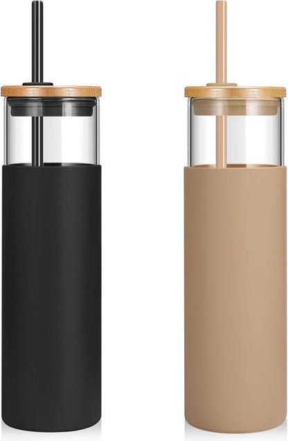 Tronco 24 oz Glass Tumbler with Lids and Straw, Reusable Iced Coffee Cup & Smoothie Cup with Bamboo Lid, Silicone Sleeve, Dishwasher Safe, BPA-Free Borosilicate Glass, 1 Pack
