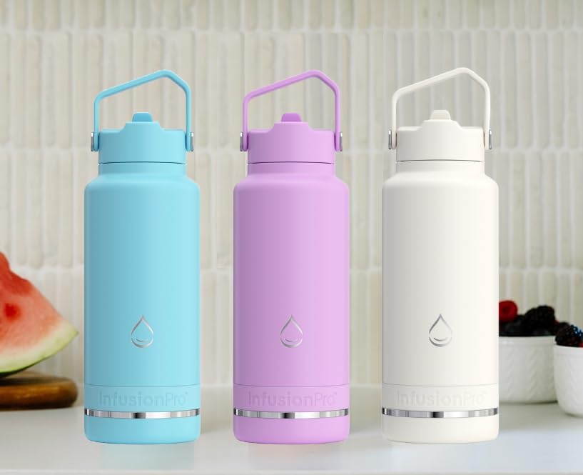 Infusion Pro Fruit Infuser Water Bottle with Straw Lid (32 oz) Stainless Steel Vacuum Insulated : 50 Recipe Fruit Infusion eBook : More Flavor : Easy Cleaning : Great Gift