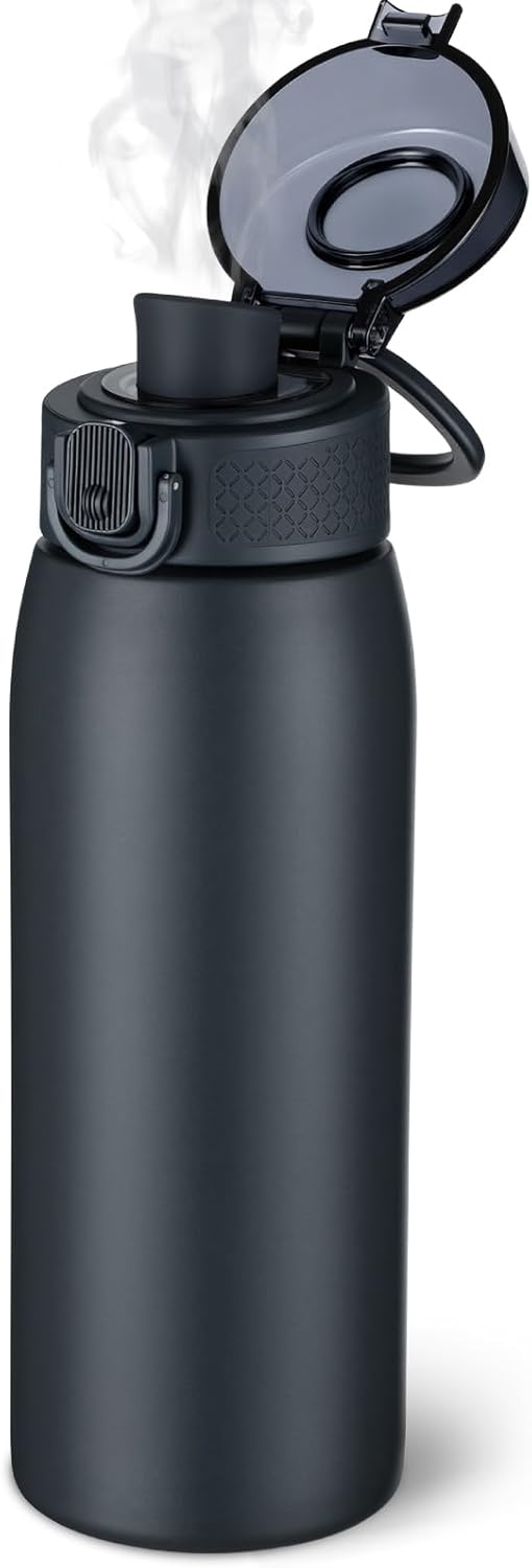 Insulated Water Bottle 24 oz with Dustproof Lid, Carry Handle & Tea Infuser, BPA-Free & Leakproof, Stainless Steel Water Bottles Ideal for Fitness, Hiking, Office & Outdoor Use (Black)