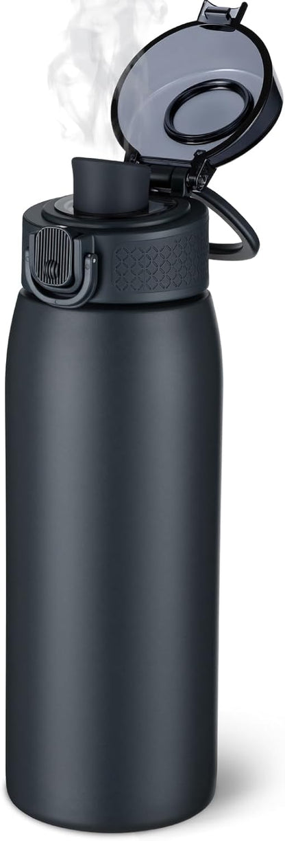 Insulated Water Bottle 24 oz with Dustproof Lid, Carry Handle & Tea Infuser, BPA-Free & Leakproof, Stainless Steel Water Bottles Ideal for Fitness, Hiking, Office & Outdoor Use (Black)