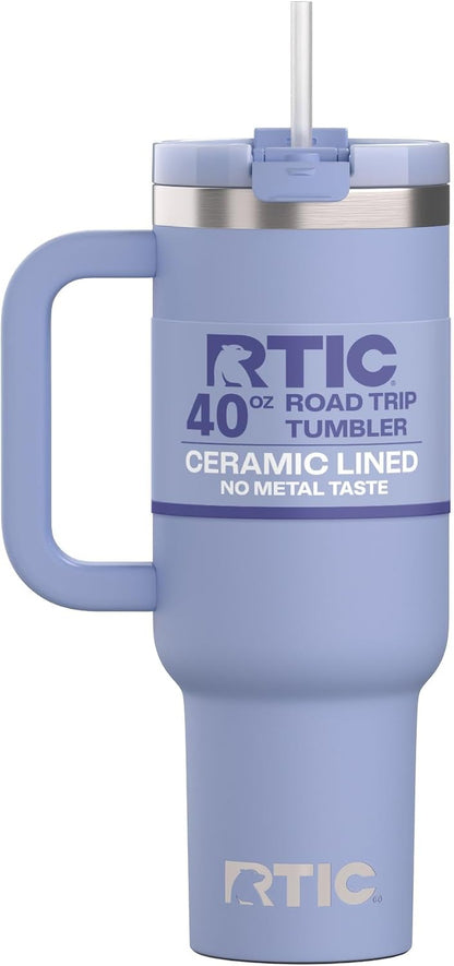 RTIC 30 oz Road Trip Tumbler Double-Walled Ceramic Lined InsulatedStainless Steel Portable Travel Coffee Mug Cup with Lid, Handle and Straw, Periwinkle Bouquet