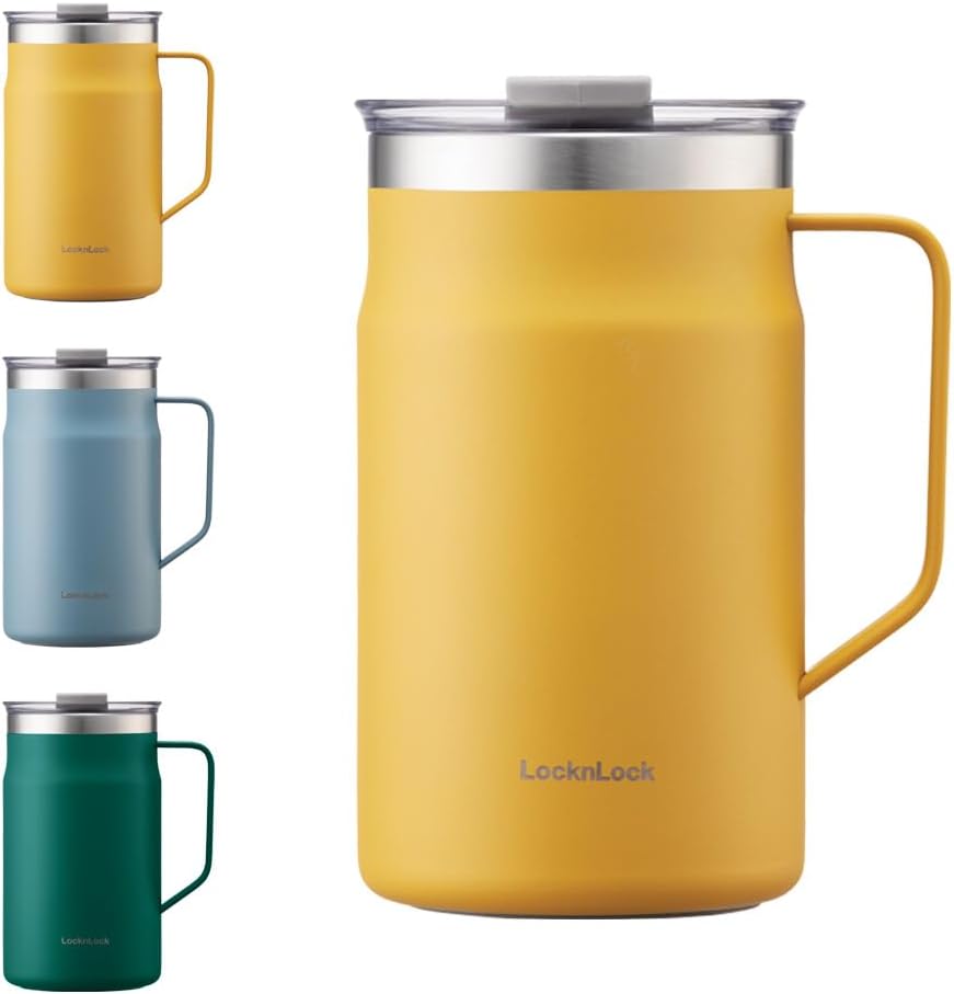 LocknLock Metro Mug Premium 18/8 Stainless Steel Double Wall Insulated with Handle Perfect for table with Lid, Black, 16 oz