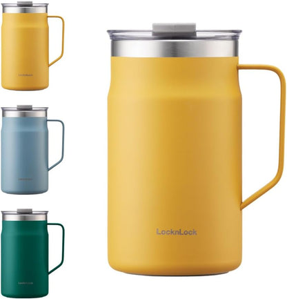 LocknLock Metro Mug Premium 18/8 Stainless Steel Double Wall Insulated with Handle Perfect for table with Lid, Black, 16 oz