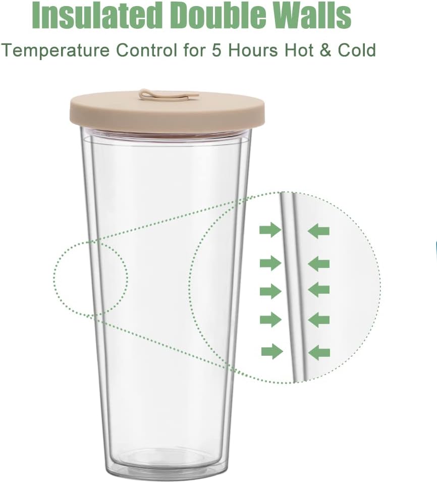 2 Pack Reusable Boba Tea Cups, 24oz Iced Coffee Cup with Straw and Lid, Leakproof Clear Plastic Cups Tumbler, Double Wall Insulated Smoothie Tumbler, Wide Straw for Bubble Tea, Black and White