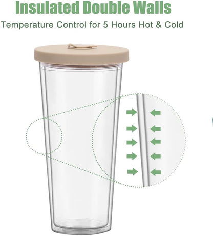 2 Pack Reusable Boba Tea Cups, 24oz Iced Coffee Cup with Straw and Lid, Leakproof Clear Plastic Cups Tumbler, Double Wall Insulated Smoothie Tumbler, Wide Straw for Bubble Tea, Black and White