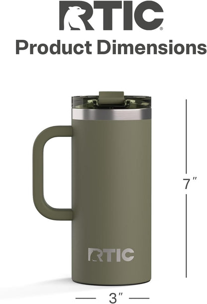 RTIC 20oz Road Trip Travel Mug with Lid and Handle, Ceramic Lined, Insulated, Stainless Steel, Metal, Double Wall Vacuum-Insulation, Portable Coffee, Tea Cup for Hot and Cold Drink, Black