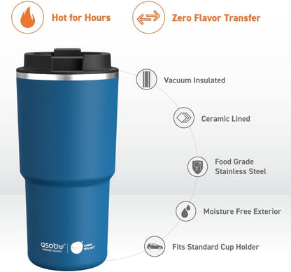 asobu 22oz Extra Large Ceramic-Lined Travel Mug with No Metal Taste-Keeps Flavors True - Double-Wall Vacuum Insulated Coffee Mug with Spill-Proof Pop-Open Lid for Hot Drinks