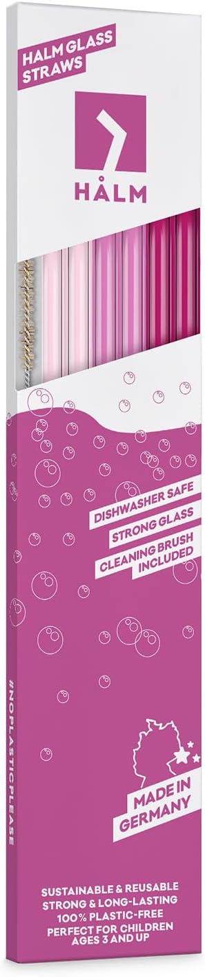 Halm Glass Straws - 6 Long 12 inch Bent Stanley Cup Replacement Drinking Straws + Plastic-Free Cleaning Brush - Perfect for Bottles & Quencher - Made in Germany - Dishwasher Safe - Eco-Friendly