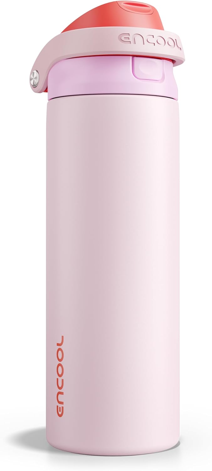 ENCOOL Leakproof Insulated Water Bottle with Straw Dual-Sip Water Bottle Bag-Safe Design for Work, Commute & Gym – Keeps Drinks Cold All Day, 24 oz, Lemonade Pink - Colors A