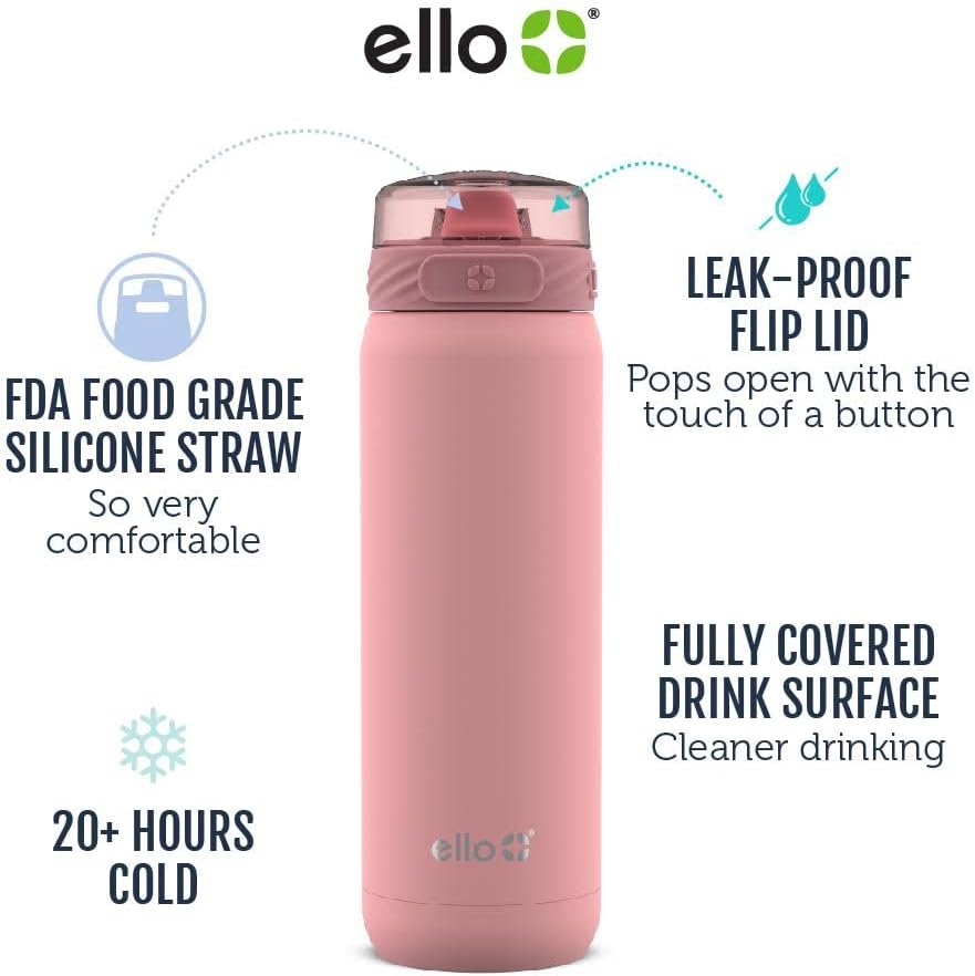 Ello Cooper 22oz Stainless Steel Water Bottle with Straw and Carry Handle, Double Walled and Vacuum Insulated Metal, Leak Proof Locking Lid with Soft Silicone Spout, Reusable, BPA Free, Lilac