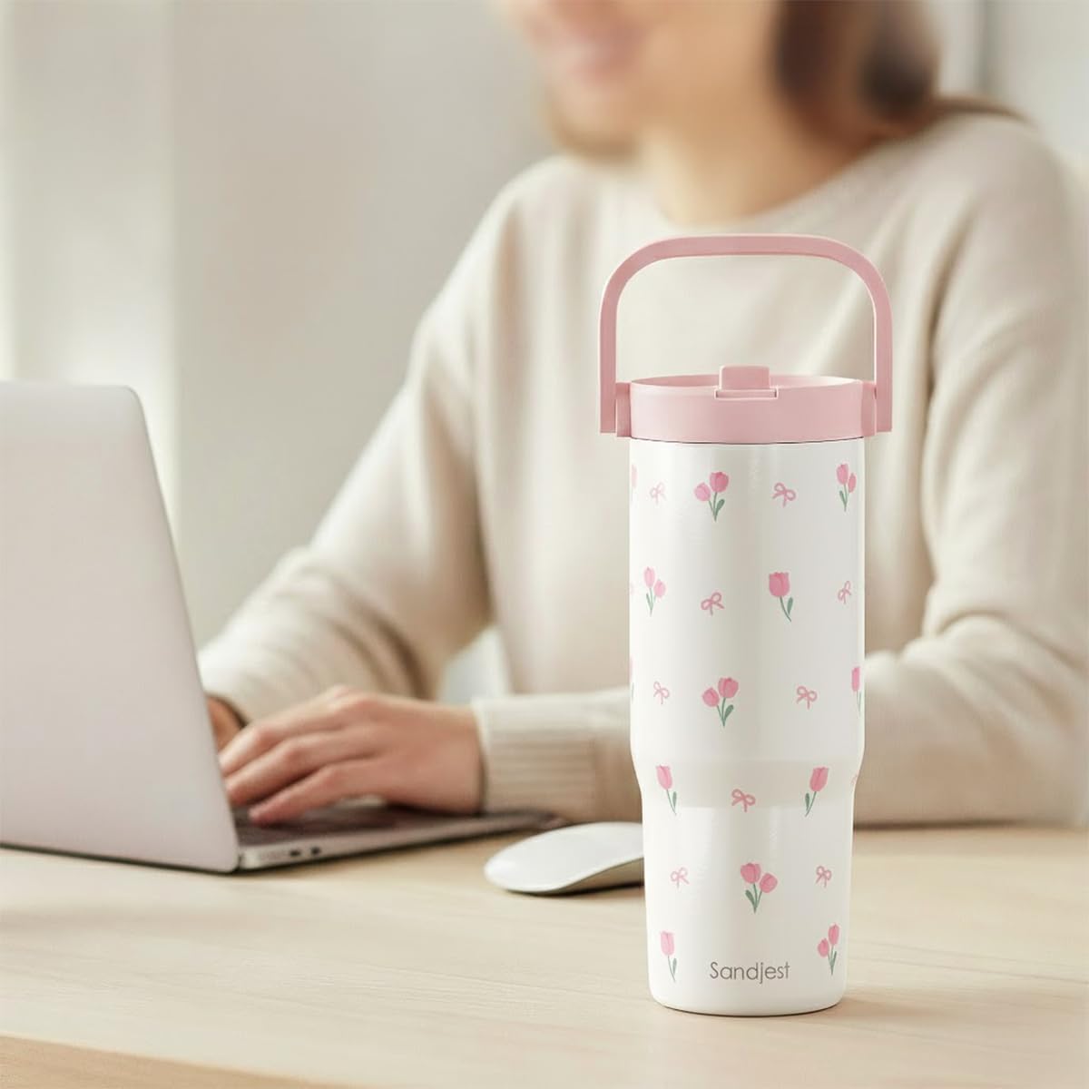 SANDJEST Leopard Skin Stainless Steel Straw Lid Tumbler 30oz with Carry Handle for Women Girls, Insulated Travel Coffee Cup, Gift for Sports Outdoor Workout Christmas Birthday (Beige)