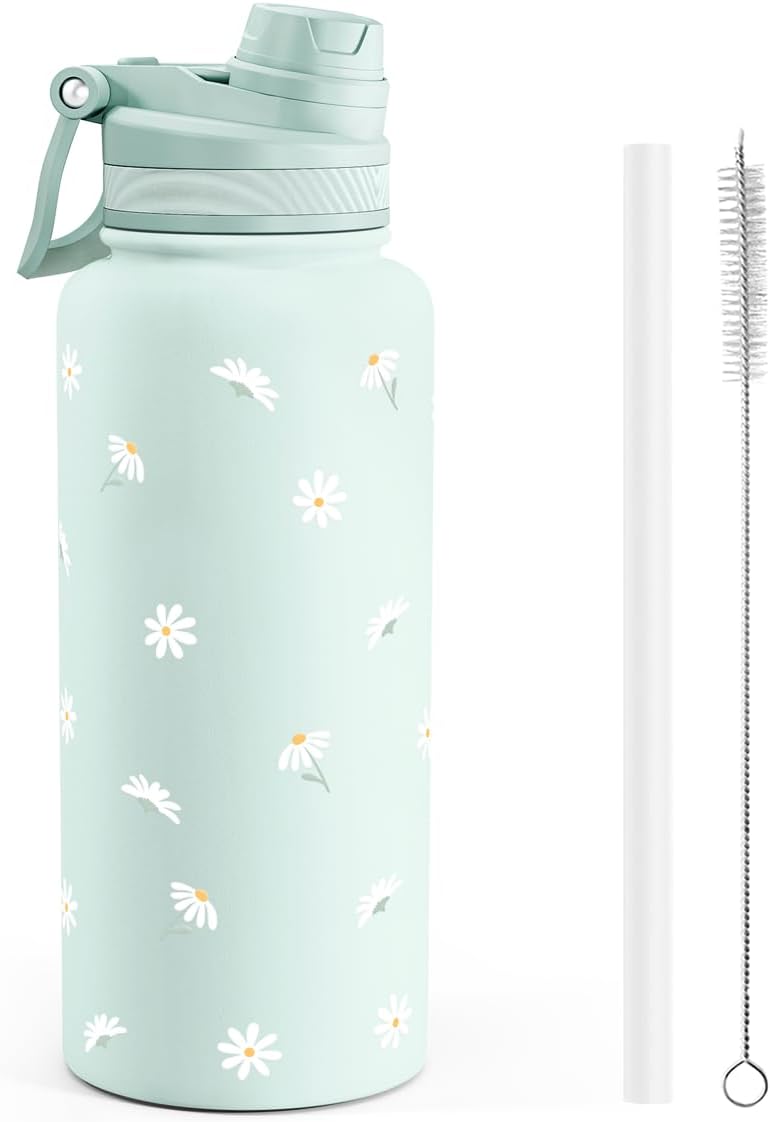 SANDJEST Pickleball Stainless Steel Water Bottle with Strap 32oz, Insulated Bottles with Straw and Spout Lid for Gym Sports Travel Outdoor, Gifts for Women Girls Birthday Christmas