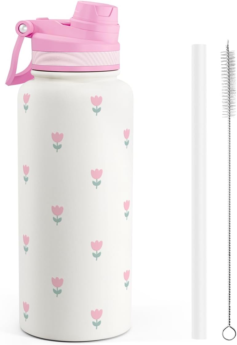 SANDJEST Pickleball Stainless Steel Water Bottle with Strap 32oz, Insulated Bottles with Straw and Spout Lid for Gym Sports Travel Outdoor, Gifts for Women Girls Birthday Christmas