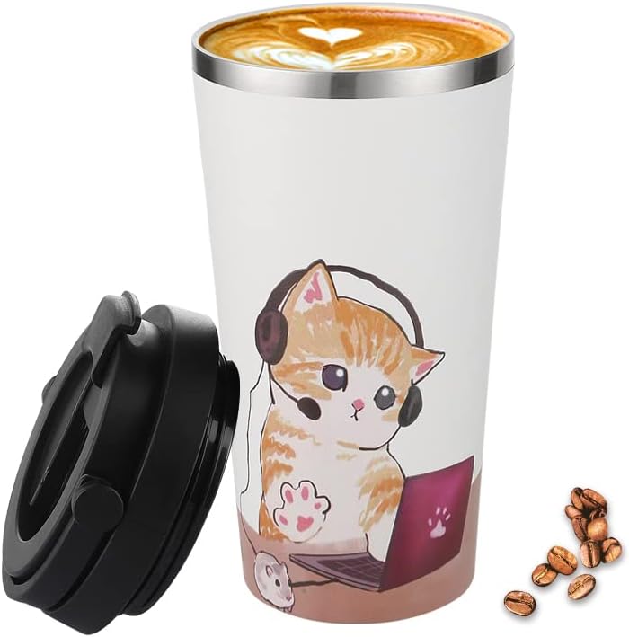 Funkrin Coffee Travel Mug with Straw & Flip Lid, 16oz Insulated Tumbler Cup with Ceramic Coating, Double Wall Vacuum Leak-Proof Mug for Office School Party Camping