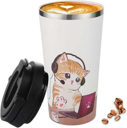 Funkrin Coffee Travel Mug with Straw & Flip Lid, 16oz Insulated Tumbler Cup with Ceramic Coating, Double Wall Vacuum Leak-Proof Mug for Office School Party Camping