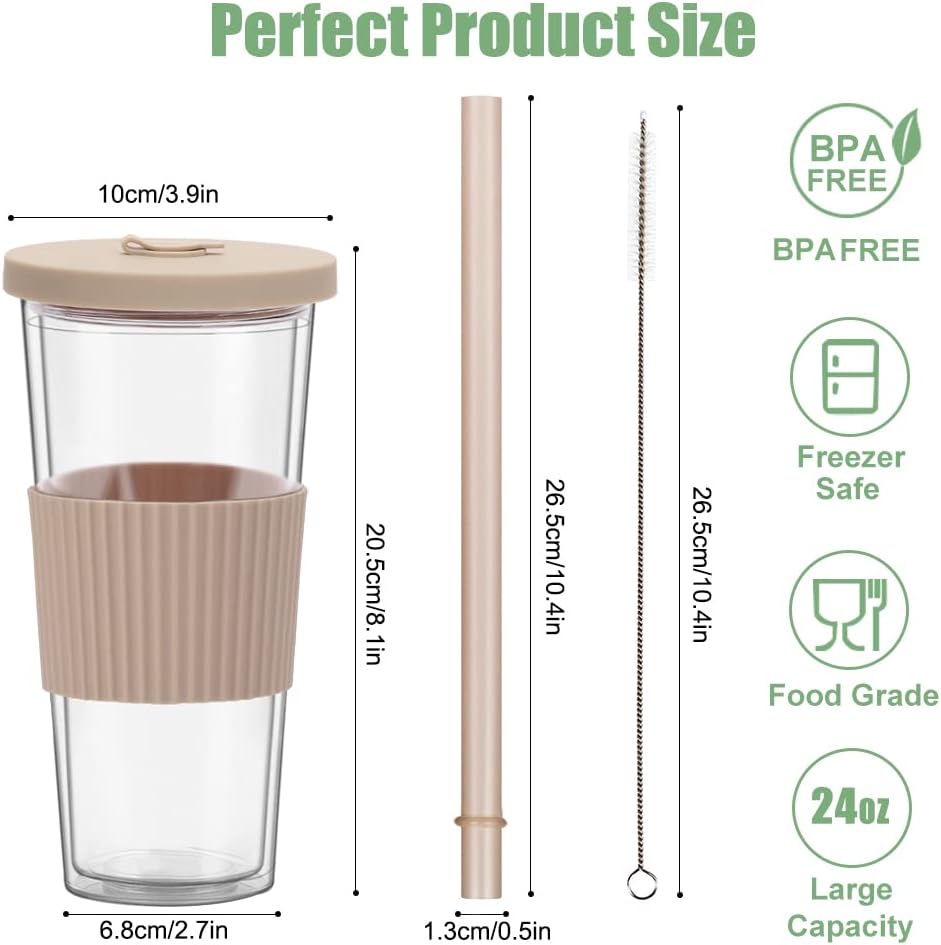 2 Pack Reusable Boba Tea Cups, 24oz Iced Coffee Cup with Straw and Lid, Leakproof Clear Plastic Cups Tumbler, Double Wall Insulated Smoothie Tumbler, Wide Straw for Bubble Tea, Black and White