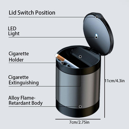 Ashtray with Lid,Smokeless Ashtray for Cup Holder Smell Proof,Detachable Stainless Steel Car Ash Tray with LED Auto Light, for Most Car, Office, Home (Grey)