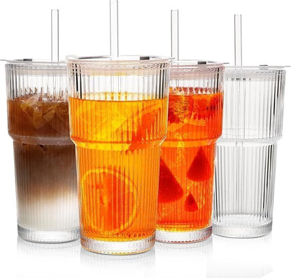 20 OZ Iced Coffee Cup With Glass Lids and Straws,High Borosilicate Glass Tumbler Cup Reusable Wide Mouth Smoothie Cups(Clear,1cup)…