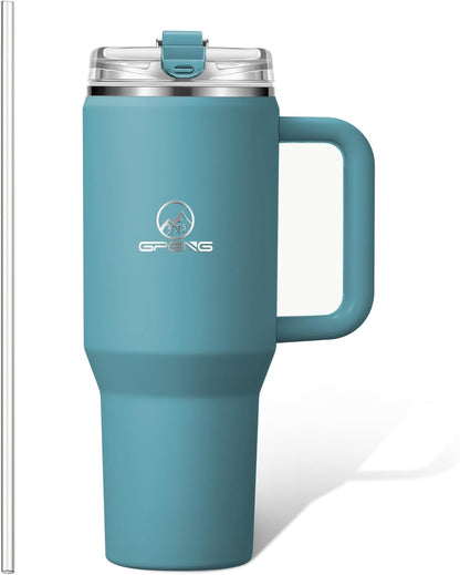 Gpeng 30/40/50 oz Tumbler with Handle, Water Bottles with Straw Lid, Insulated Stainless Steel Travel Mug Cup Holder Friendly, Keep Drinks Cold or Hot for Hours (LightGrey, 50 oz)