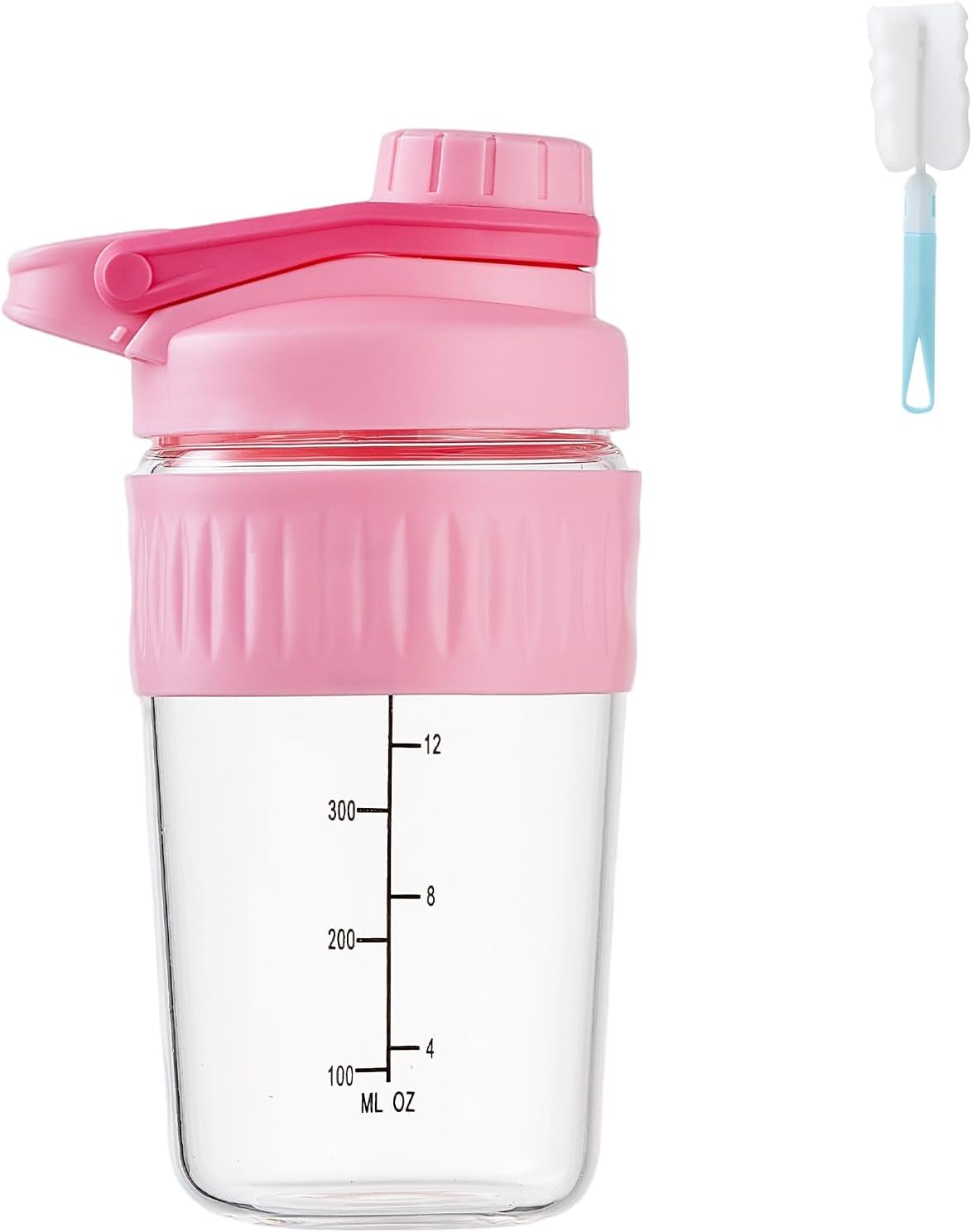 16oz Glass Shaker Bottle for Protein, Small Borosilicate Glass Protein Powder Leak-Proof Shaker Cup Mixes with 304 Blending Ball(16oz,Black)