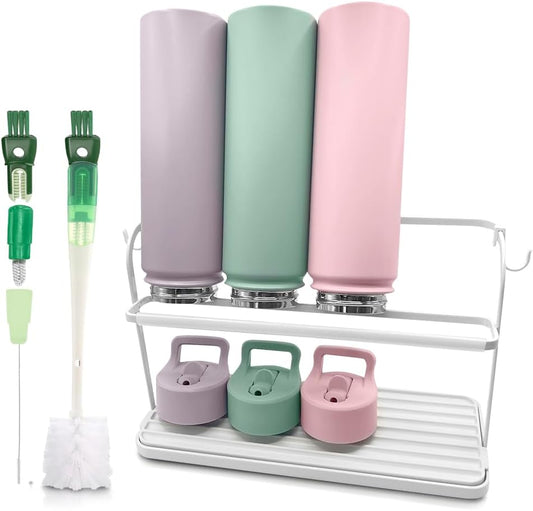 Cup Drying Rack for Counter, Water Bottle Drying Rack for Kitchen Counter, 2-Tier Tumbler, Mug and Glass Drying Rack with Drain Tray and 5-in-1 Cleaning Brush