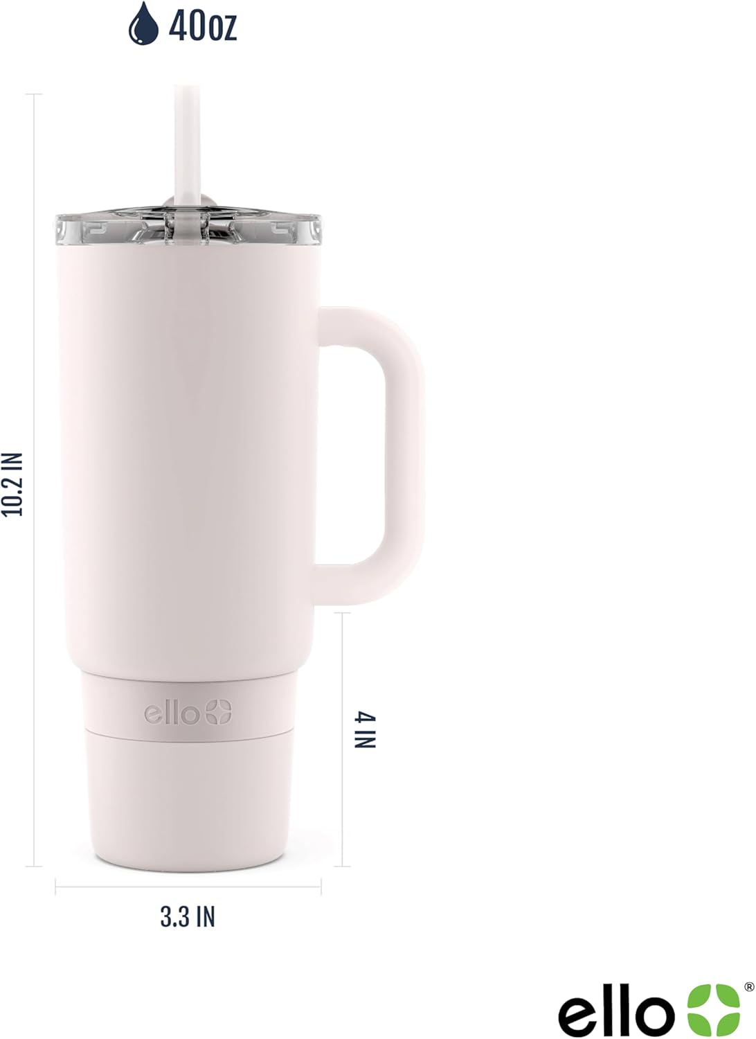 Ello Port 40oz Tumbler with Carry Loop & Integrated Handle, Vacuum Insulated Stainless Steel Reusable Water Bottle, Travel Mug with Leak Proof Lid & Straw, Perfect for Iced Coffee & Tea, White