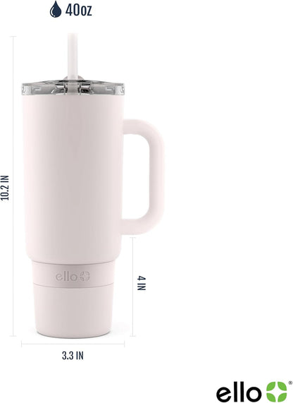 Ello Port 40oz Tumbler with Carry Loop & Integrated Handle, Vacuum Insulated Stainless Steel Reusable Water Bottle, Travel Mug with Leak Proof Lid & Straw, Perfect for Iced Coffee & Tea, White