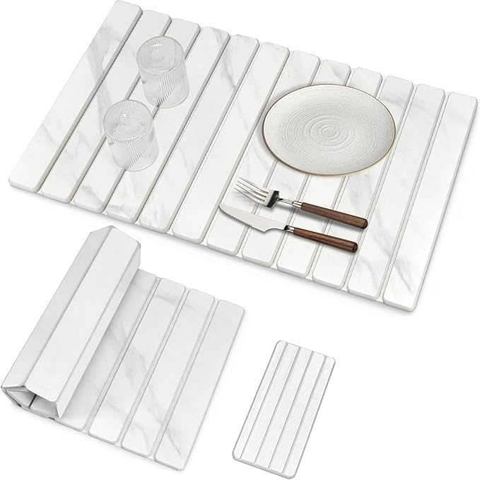 Extra Large Stone Dish Drying Mat for Kitchen Counter, Foldable Quick Dry Dish Drying Mats, Absorbent Diatomaceous Earth Stone Drying Mats for Plate Rack Bottles Cups (Gray Marble 28"×16" & 8"x4")