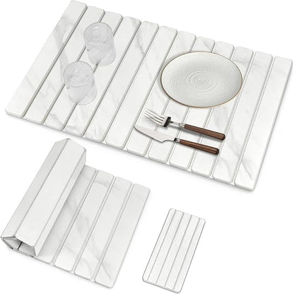 Extra Large Stone Dish Drying Mat for Kitchen Counter, Foldable Quick Dry Dish Drying Mats, Absorbent Diatomaceous Earth Stone Drying Mats for Plate Rack Bottles Cups (Gray Marble 28"×16" & 8"x4")