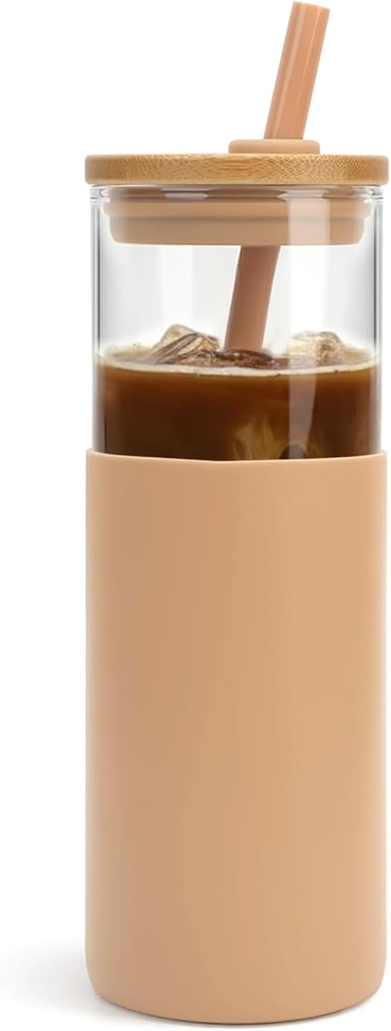 Tronco 24 oz Glass Tumbler with Lids and Straw, Reusable Iced Coffee Cup & Smoothie Cup with Bamboo Lid, Silicone Sleeve, Dishwasher Safe, BPA-Free Borosilicate Glass, 1 Pack
