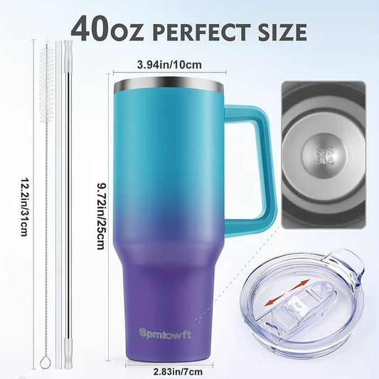 40oz Stainless Steel Double Vacuum Tumbler with Handle, Straw Lid, Carrier Bag, Purse Pouch Phone Pocket, Gym Water Bottle Travel Mug and Sleeve Holder for Men Women (Black)