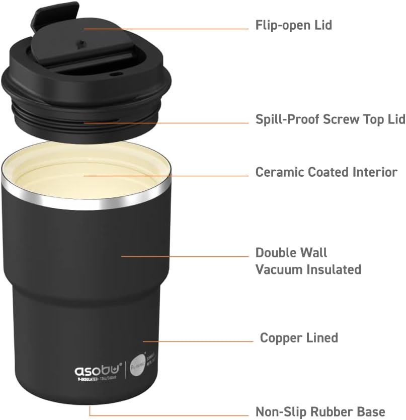 asobu Ultimate Ceramic Travel Mug, 12oz Insulated Stainless Steel Coffee Cup with Handle & Splash-Resistant Lid, Ceramic Lined for Pure Taste, BPA-Free, Double-Wall Vacuum for Hot Drinks